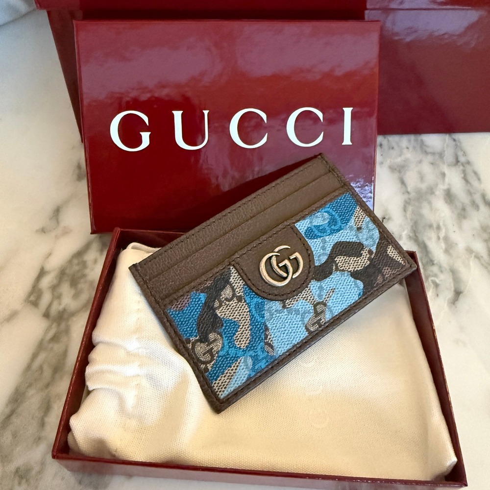 Gucci 834795 Brown Leather Blue Camo GG Supreme Canvas Card Holder Wallet - Picture 8 of 10